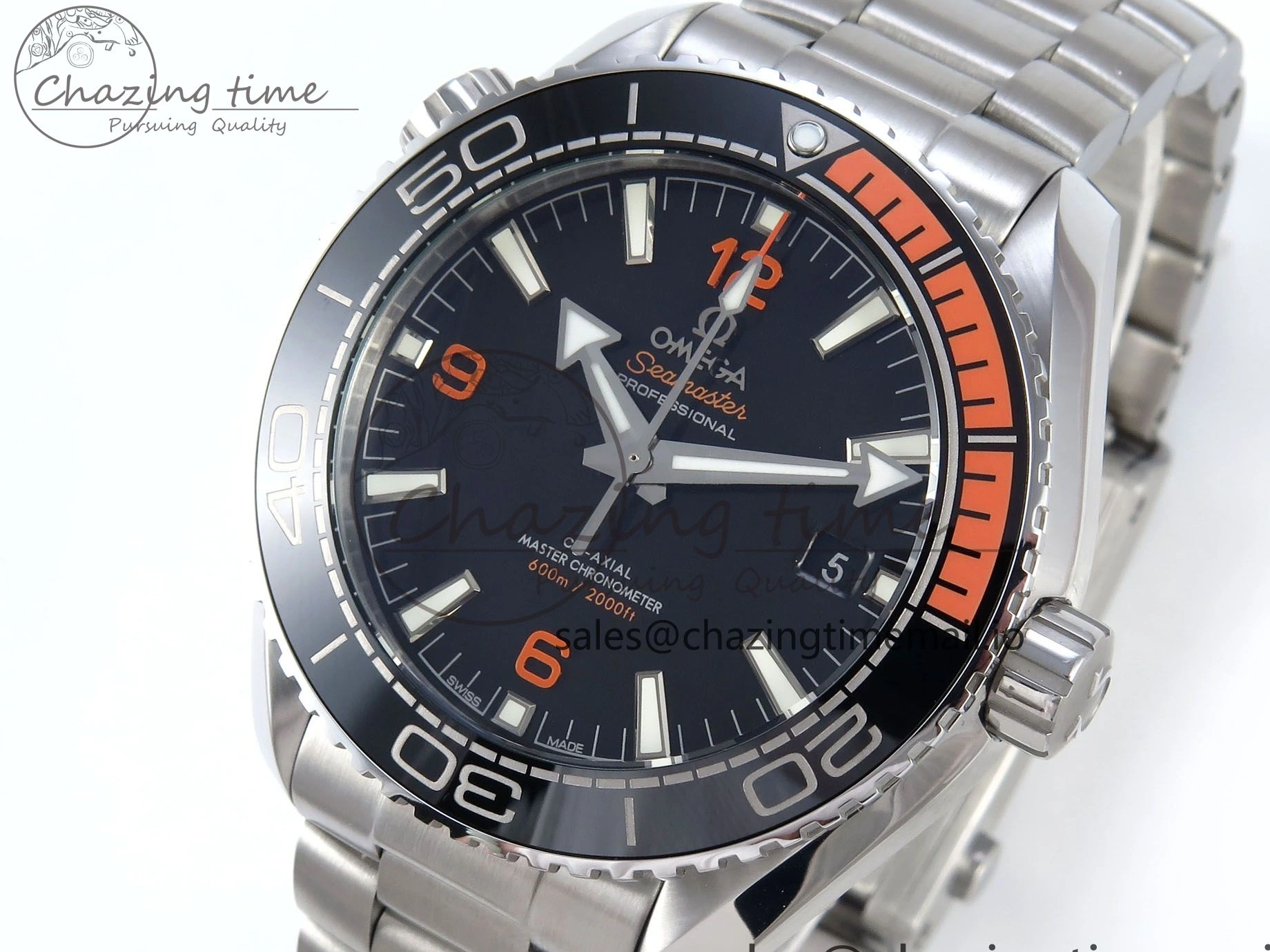 0223 WrinkleFree Seamaster Planet Ocean 600M 43.5mm SS SCF 1:1 Best Edition Black Orange Bezel Black Dial on SS Bracelet A8900 Super Clone 7682